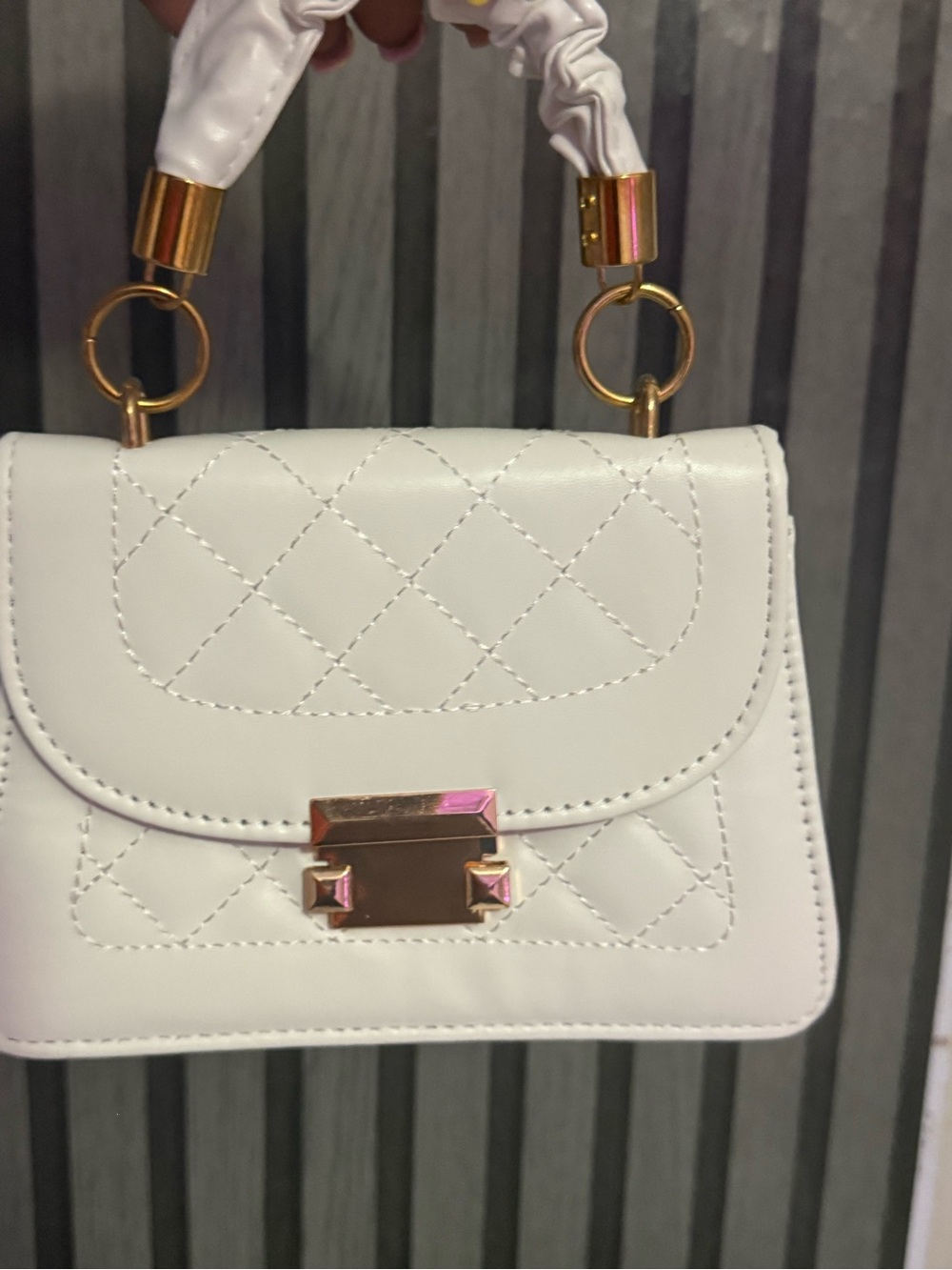 White Quilted Top-Handle Women's Bag with Gold Hardware